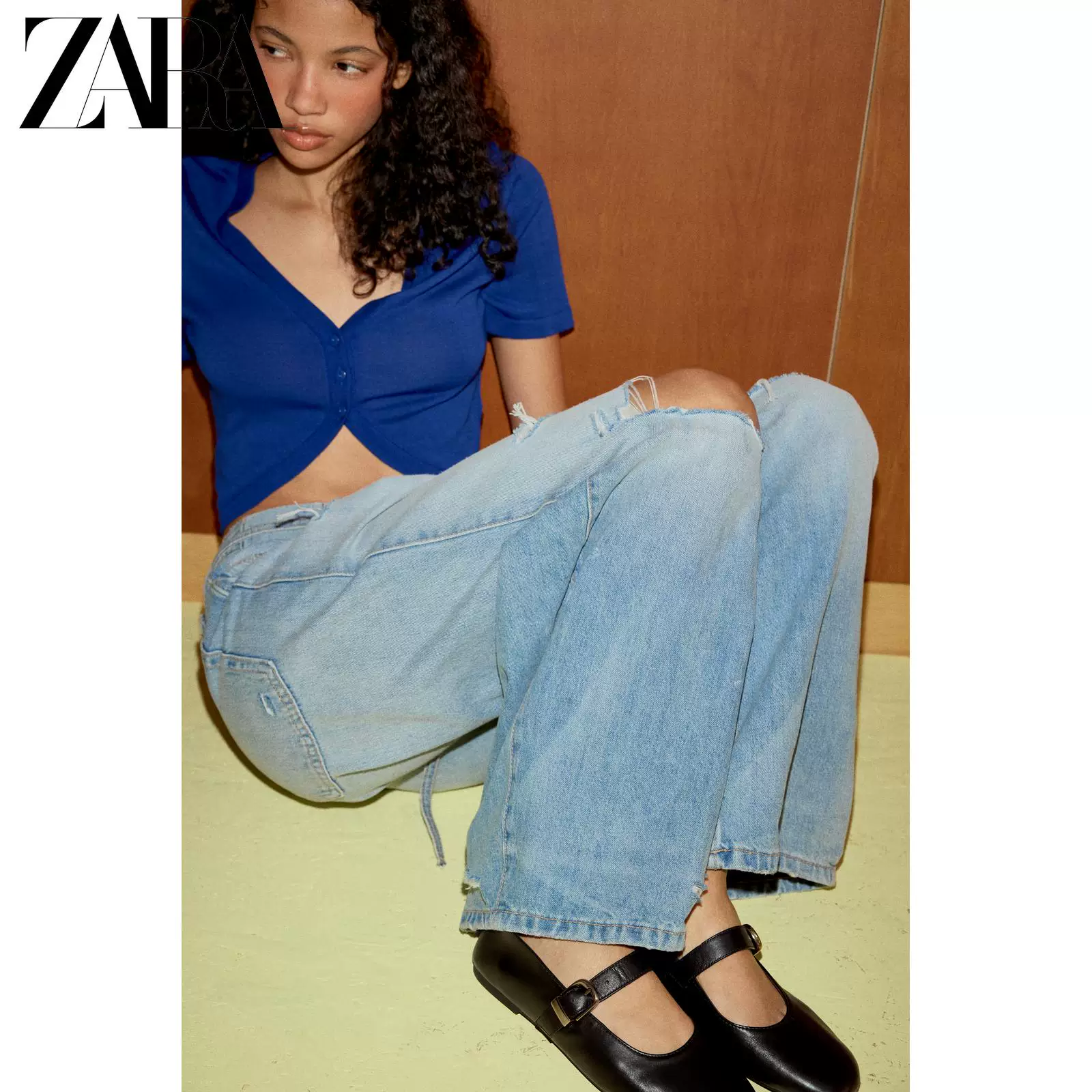 Купить обувь ZARA 2026 весна-лето новые женские кожаные балетки на ремешке с регулируемой металлической пряжкой 3504710 800