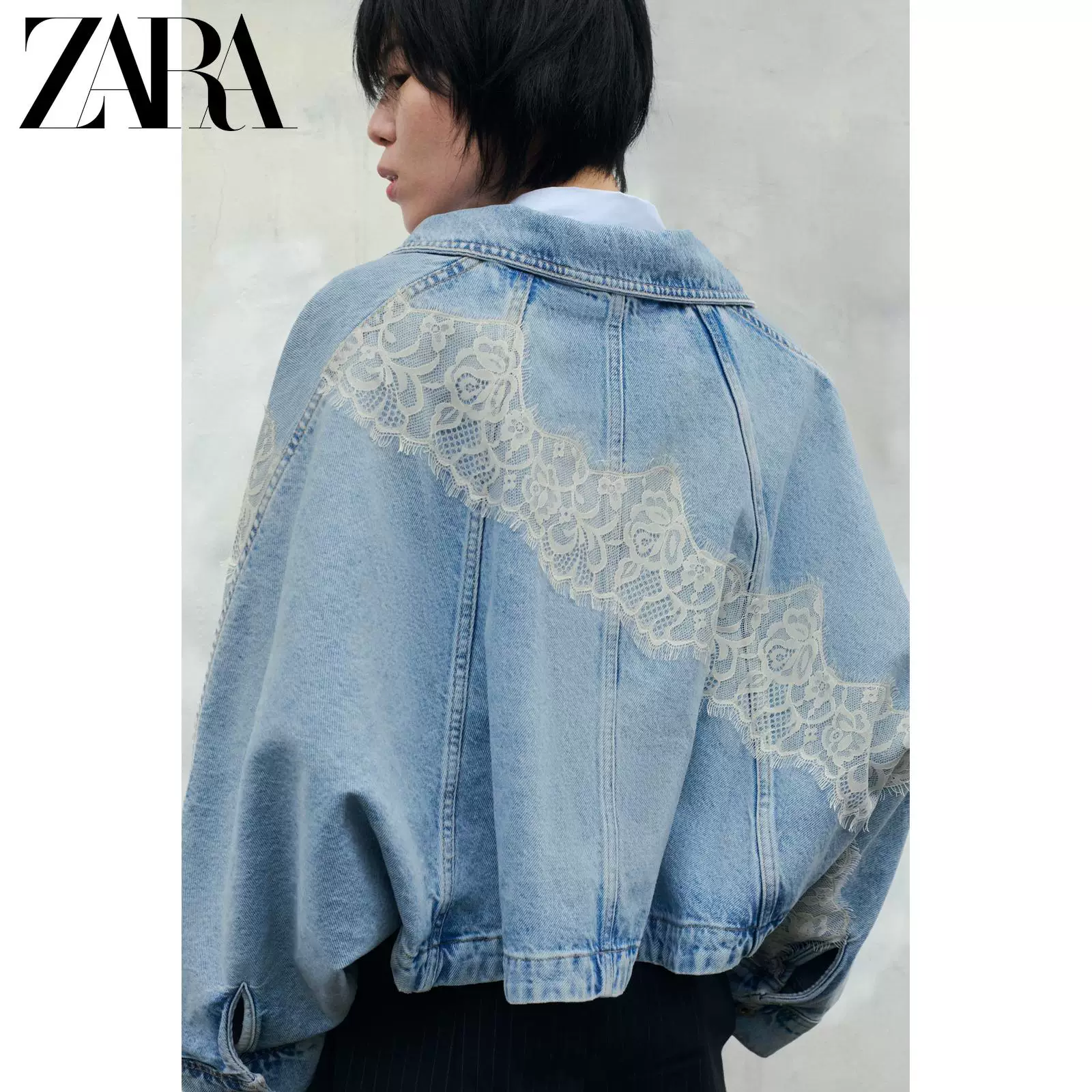 Короткий джинсовый жакет с кружевом ZARA, женский, 100% хлопок, весна/лето