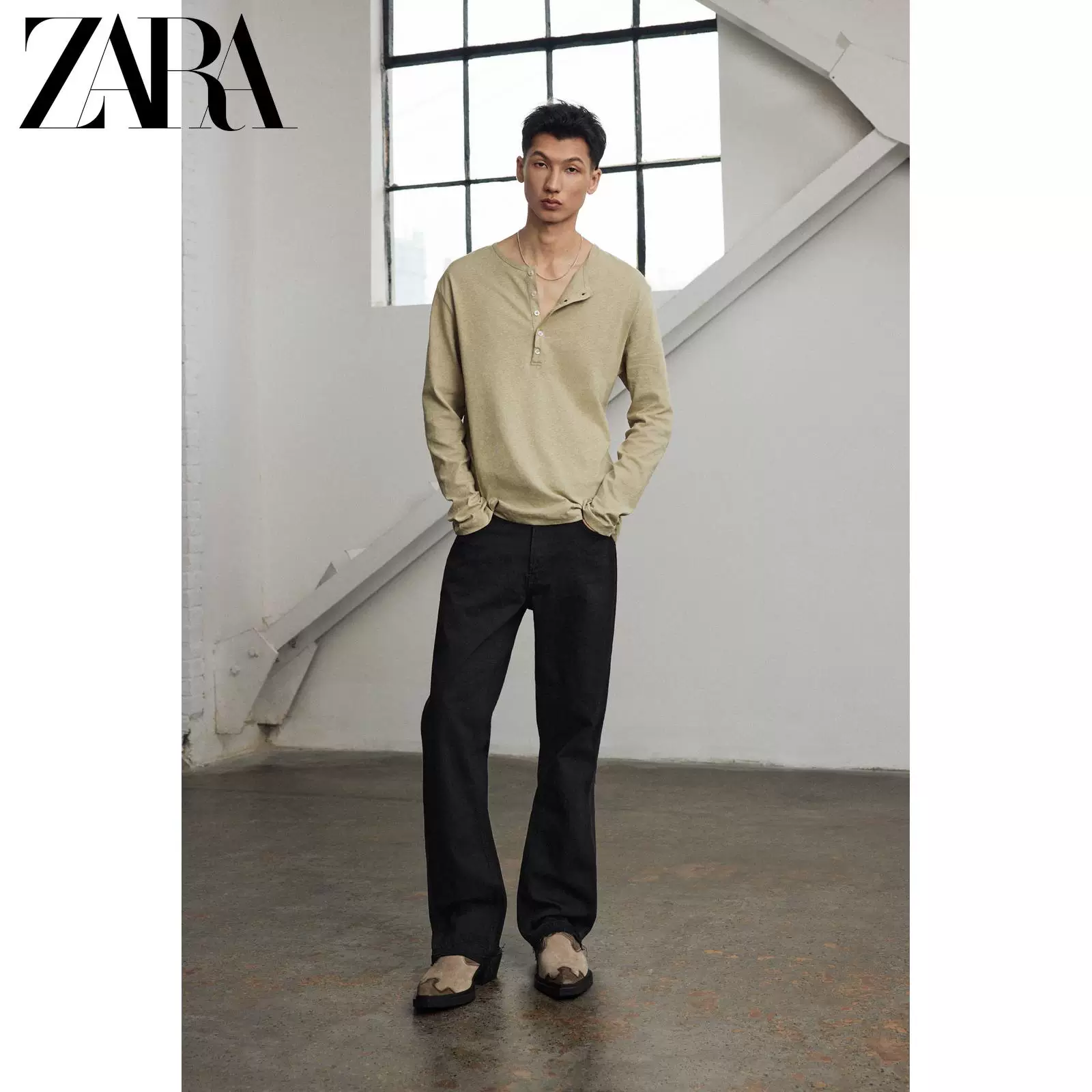 Мужская рубашка-поло из смеси хлопка и льна ZARA 2026 весна-лето, multicolor, с маленькой открытой воротничком, кнопка, цветной