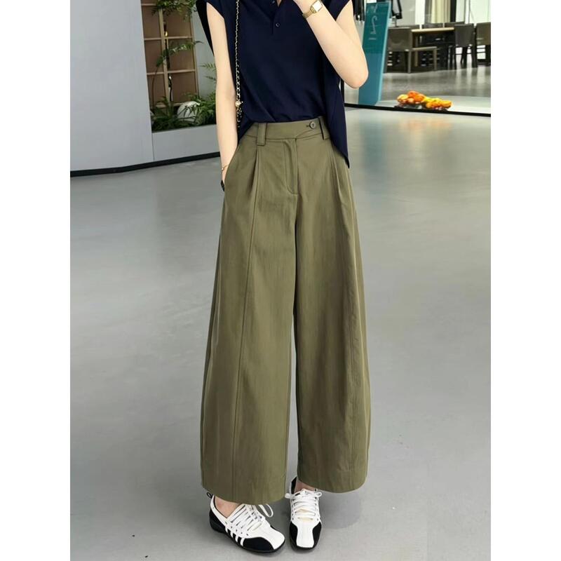 Olive Green High-Waisted Cropped Wide-Leg Pants for Women, Thin Style, 2026 Summer New Model, Petite Loose Casual Scimitar Balloon Pants