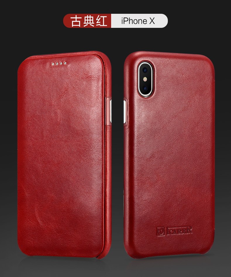 iCarer Curved Edge Vintage Series Side Open Handmade Genuine Cowhide Leather Case Cover for Apple iPhone X