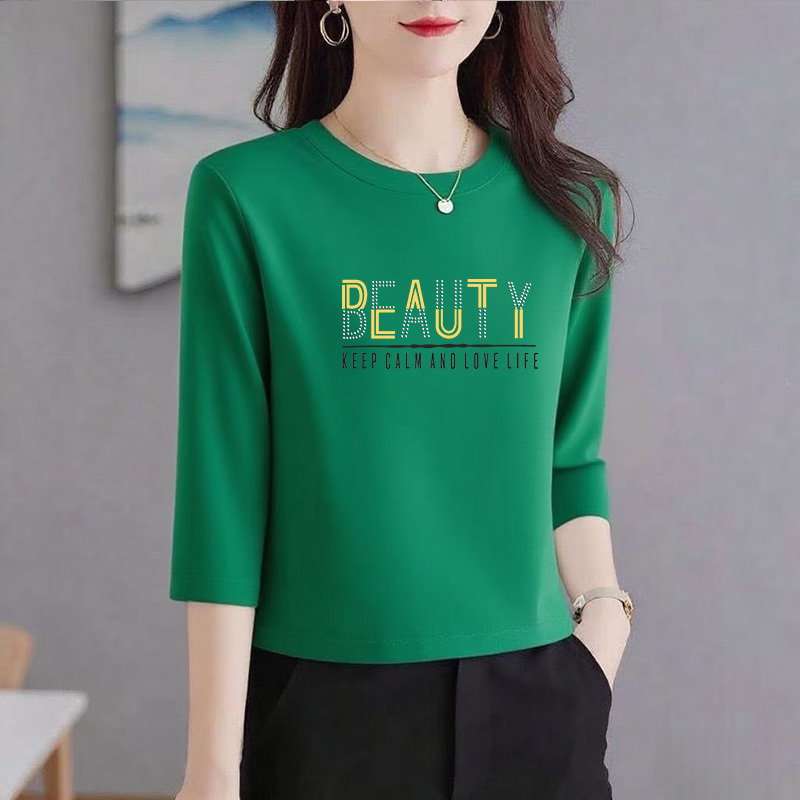 Green Three-Quarter Sleeve Pure Cotton Women's T-Shirt, New Loose Fit Slimming Round Neck Top for Spring and Autumn, Versatile Women's T-Shirt Green Three-Quarter Sleeve Pure Cotton Women's T-Shirt, New Loose Fit Slimming Round Neck Top for Spring and Autumn, Versatile Women's T-Shirt