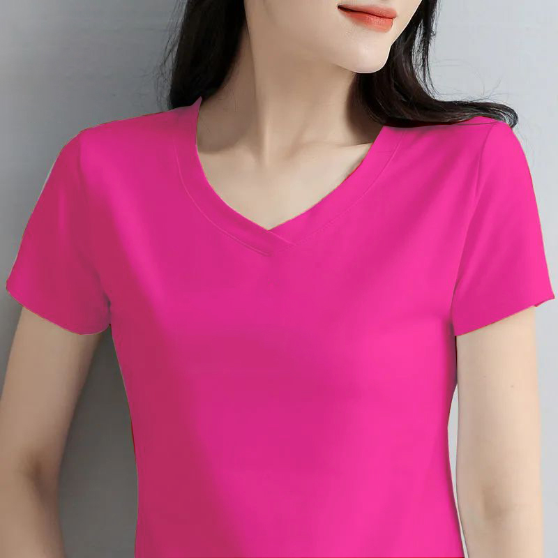 2026 New Style Rose Red Pure Cotton Short-Sleeved T-Shirt for Women, Summer V-Neck Solid Color Versatile Loose Fashion Black T-Shirt Top