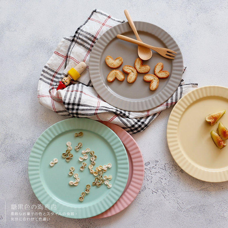Frescoed Day-style ceramic disc -- simple and simple single round dessert disc pure colour macaron pastry dish flat tray