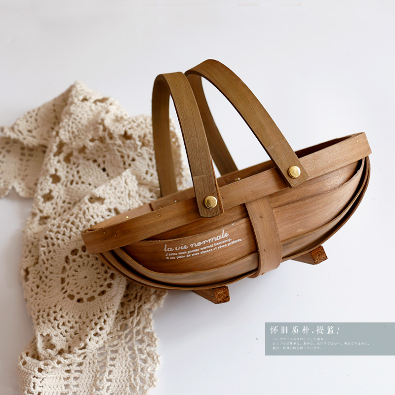 Basket] Wood chip Japanese fruit picnic basket bread flower basket food box carbonized old decorative handle basket