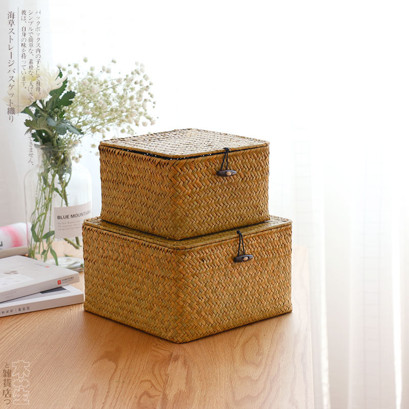 Hot selling seagrass braided lid square storage basket hand-woven desktop sundries basket small object storage basket