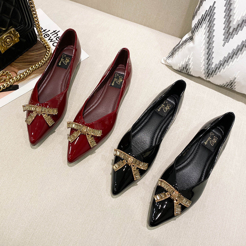 Ins tide inner heightening single shoes women's flat bottom 2020 new spring rhinestone bow shallow mouth pointed toe flat heel women's shoes