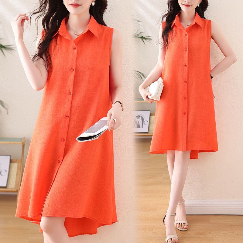 Popular Casual Shirt Sleeveless Summer New Loose Trendy Dress Mid-Length Sleeveless Dress