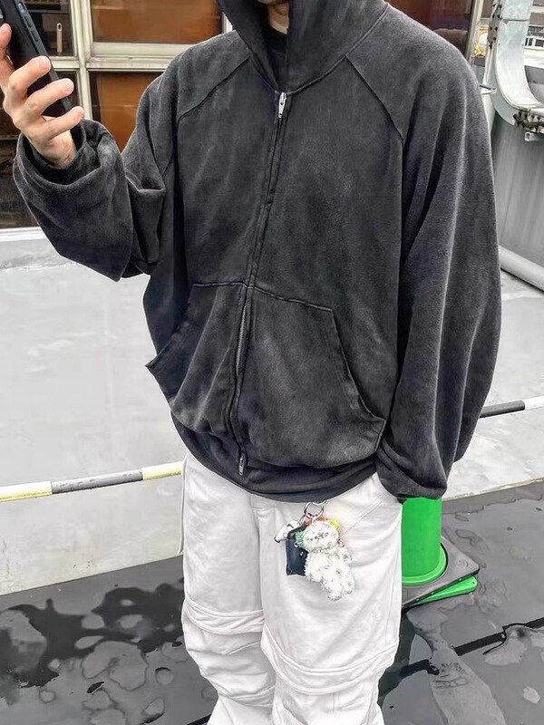 Vtg Vintage New Men's Spring and Summer Washed Heavy-Duty American Style Trendy Brand Embroidered Hoodie Sweatshirt Zipper Jacket