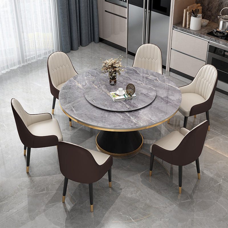 Rock slab dining table and chair combination round luxury marble round table modern simple with turntable family small apartment type dining table