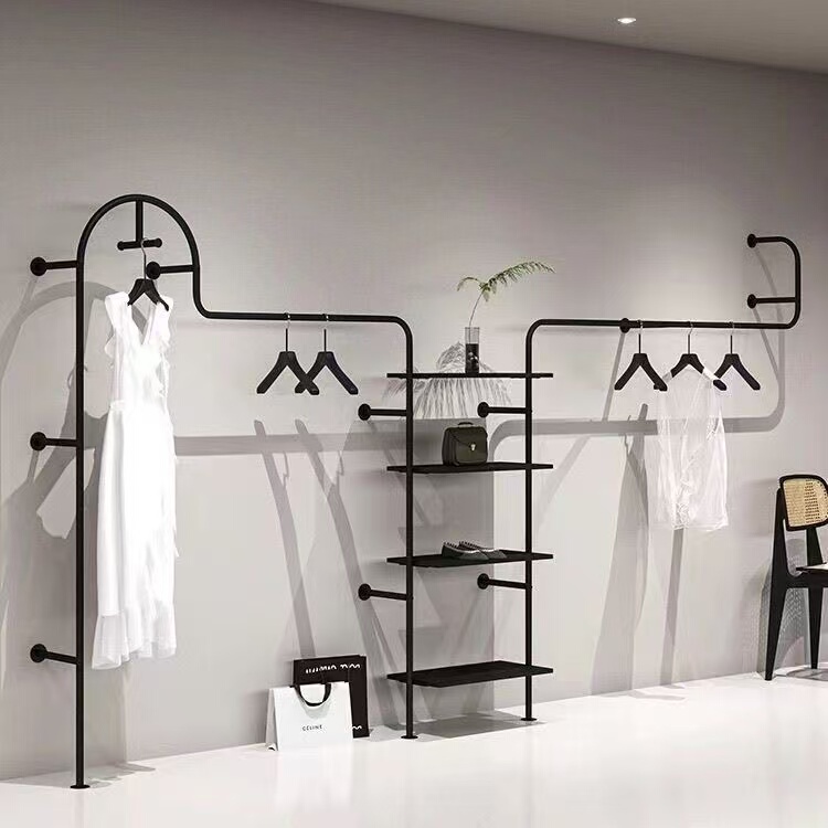 Minimalist Clothing Store Wall-Mounted Display Rack, Iron Art Floor-Standing Straight Rod Clothes Rack, Matte Black for Men's and Women's Clothing Stores Minimalist Clothing Store Wall-Mounted Display Rack, Iron Art Floor-Standing Straight Rod Clothes Rack, Matte Black for Men's and Women's Clothing Stores