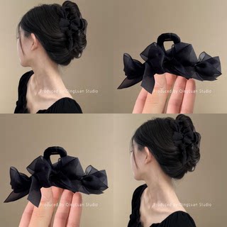 黑色蝴蝶结~法式超仙网纱抓夹女高级感2025新款气质旅行鲨鱼夹