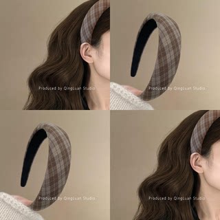 复古学院风~韩系宽边咖格纹发箍女2024新款秋冬发旅头箍外出百搭