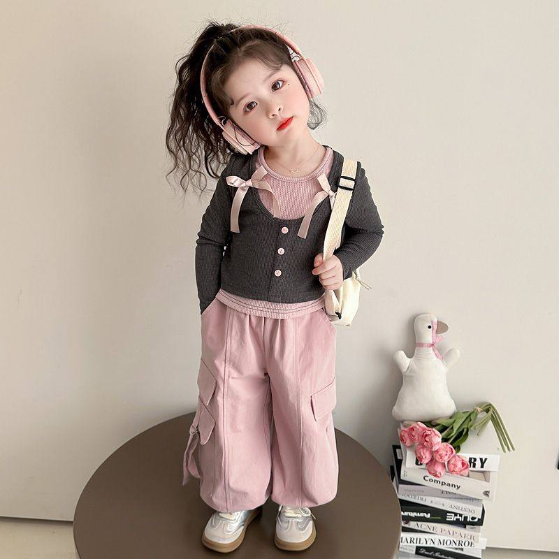girls' sweet fake two piece long sleeve t shirt korean style spring fashion