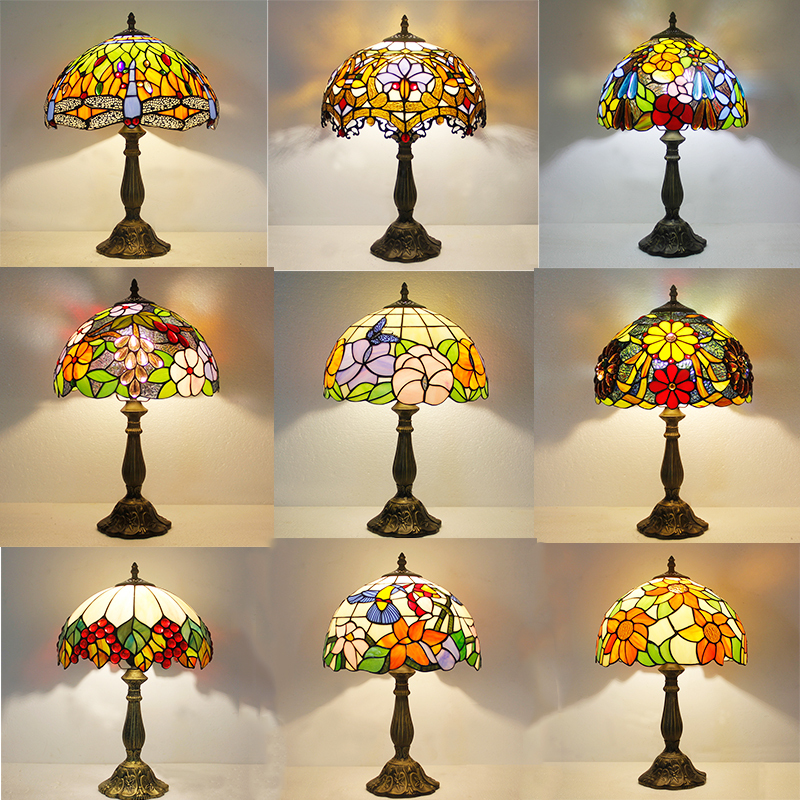 European and American Style Old Shanghai Retro Stained Glass Bedroom Bedside Table Lamp American Country Bar Lamp Cafe Lighting