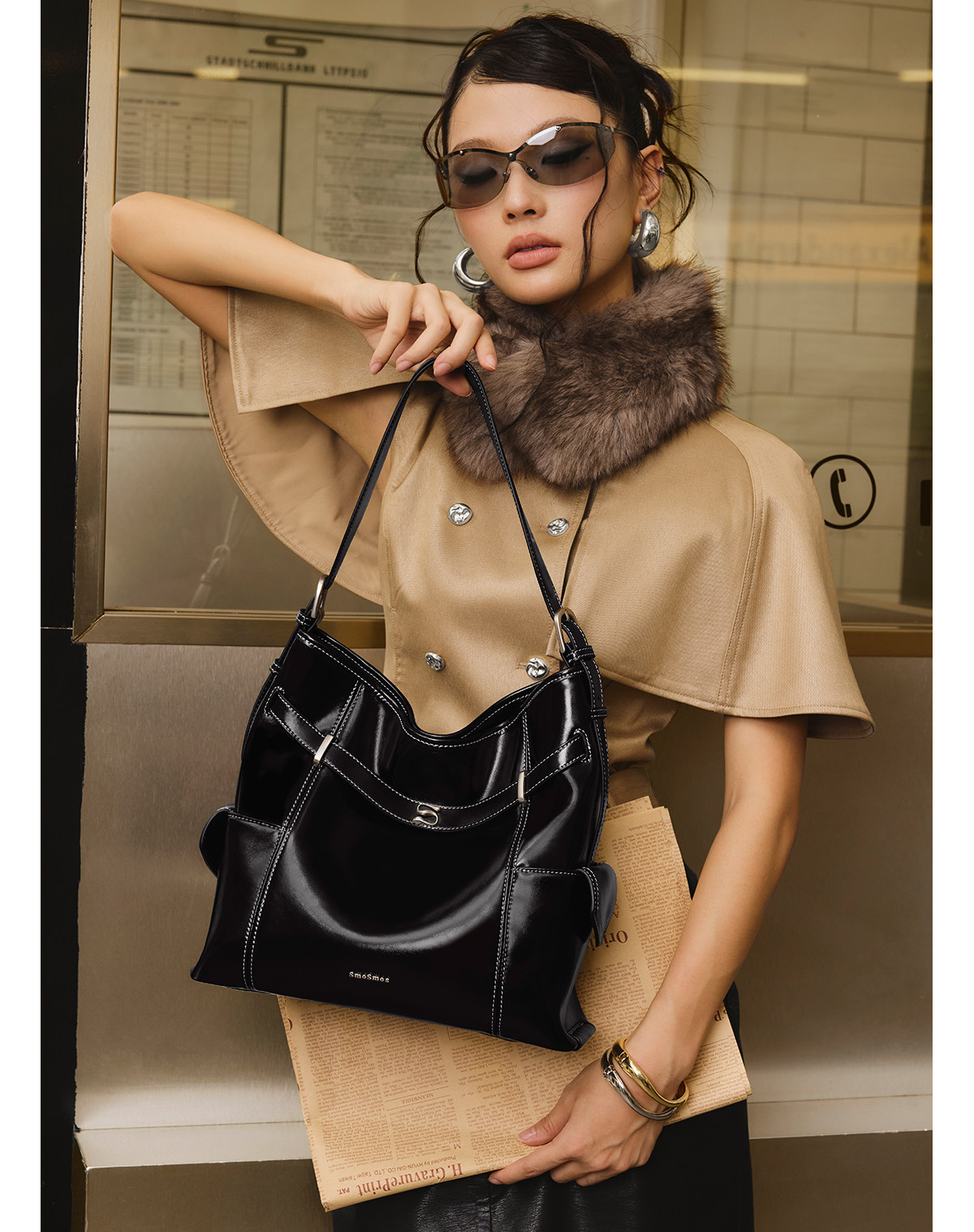 SmoSmos Black Cowhide Bucket Shoulder Bag