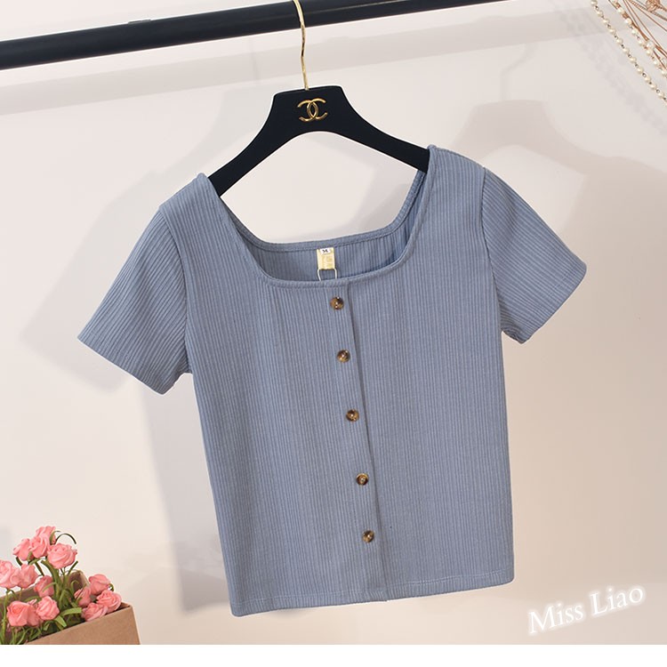 2018 new retro Hồng Kông hương vị quảng trường cổ áo sơ mi ins slim màu rắn t-shirt bạn gái ngắn tay T-Shirt nữ mùa hè áo len nữ