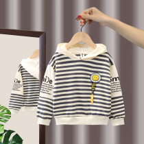 Boy spring and autumn dress striped with cap and clothing pure cotton Children foreign air baby pure cotton long sleeve blouse with handsome qi and child tide