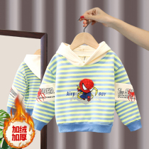 Boy Spring Autumn Plus Suede Hat Sweatshirt Boy Spider-Man Stripes Bottoms Shirts Baby Integrated Suede T-shirt Handsome 3 years old