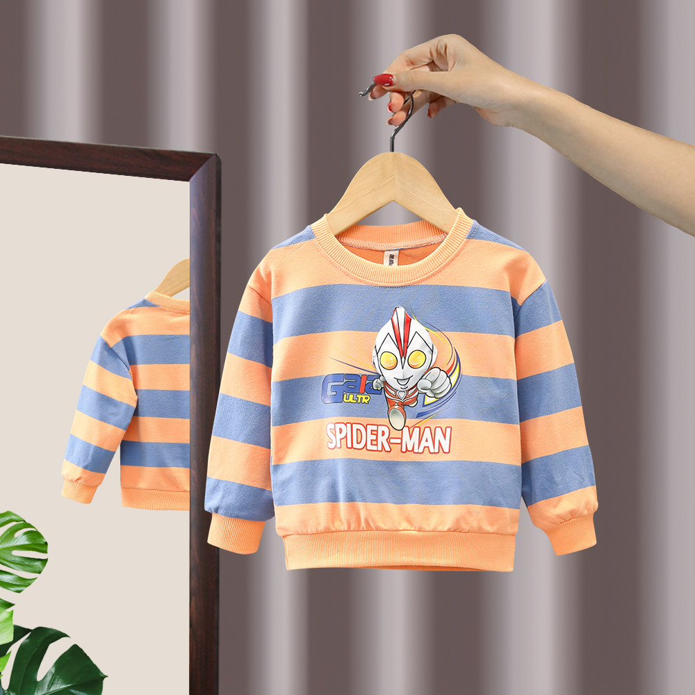 Boys Ultraman sweater striped little boy round neck inner clothes handsome baby spring and autumn cartoon bottoming shirt tide