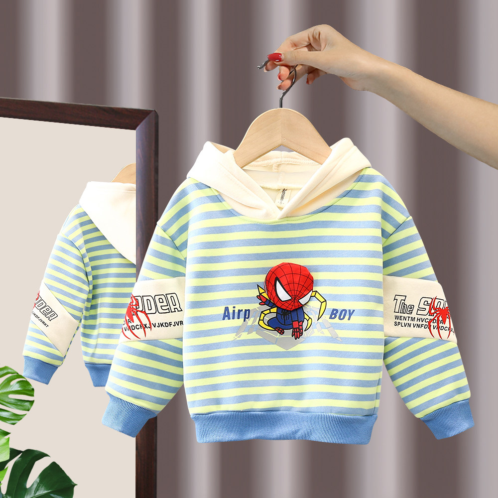 Boys Spring and Autumn Hooded Sweatshirts Children's Spiderman Striped Underwear Baby Cotton Autumn Clothes Trendy Handsome Children