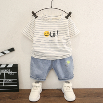 Boy cowboy suit thin Korean version baby Summer striped short sleeves Two sets of children Summer clothes Childrens clothes Ocean Gas