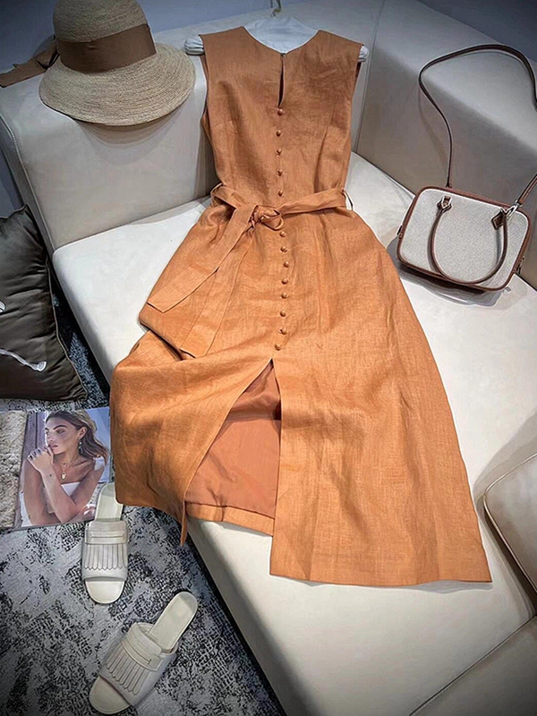 Women's Clothing Is Exquisite and High-End, Super Beautiful, Pear-Shaped Figure, Orange Waist-Cinching Sleeveless Linen Dress for Summer