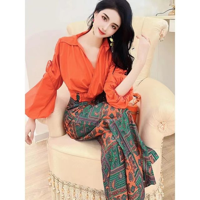 High-end fashion vacation suit 2022 autumn new women's puff sleeve top high waist wide-leg pants hot trend