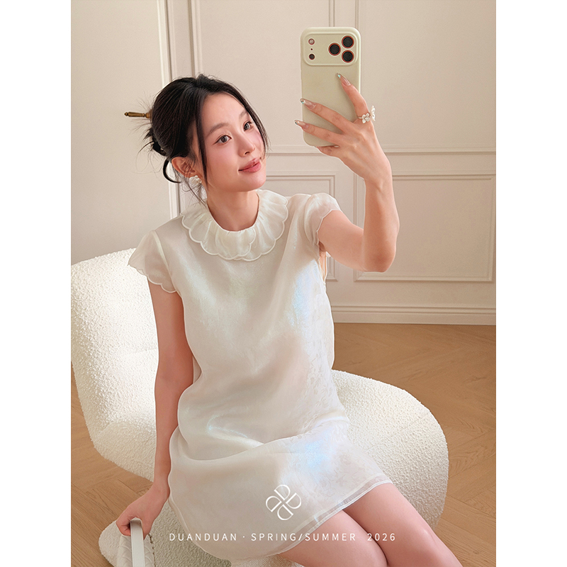 【Jade Porcelain Yarn】100% Silk Hand-Shaped Petal Collar Gilded Bamboo Shadow Jacquard Dress Summer Dress