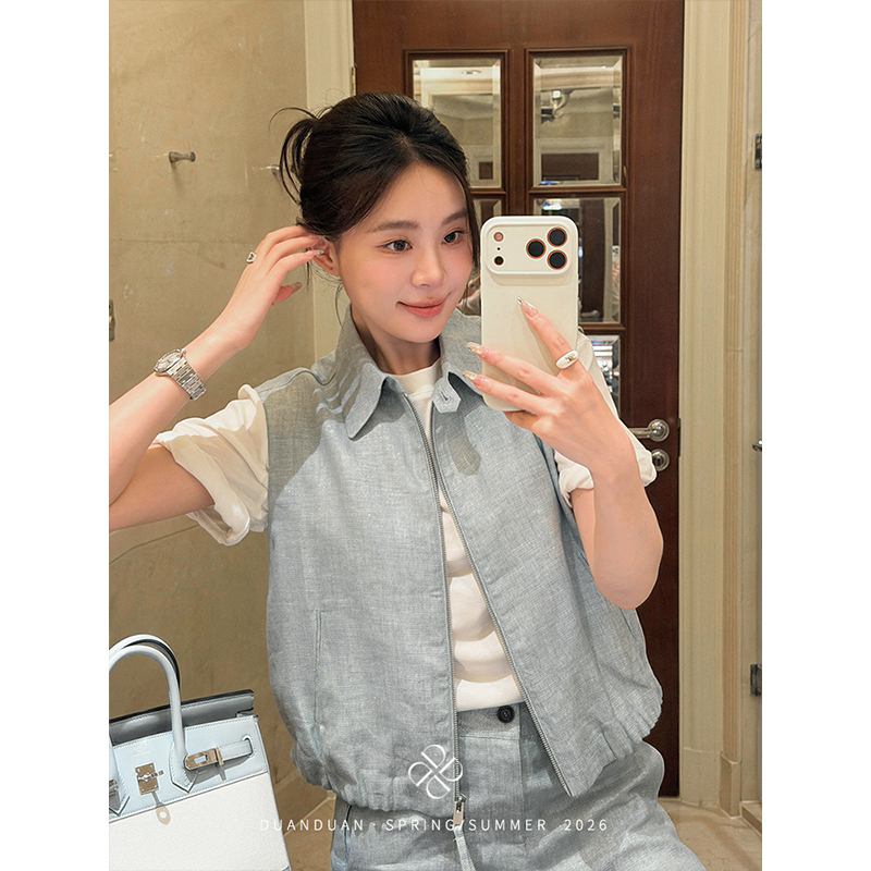 【Gaozhi Blue Linen】Heavyweight Yarn-Dyed Silver Glitter Linen Vest Wide-Leg Casual Old Money Style Set Summer 【Gaozhi Blue Linen】Heavyweight Yarn-Dyed Silver Glitter Linen Vest Wide-Leg Casual Old Money Style Set Summer
