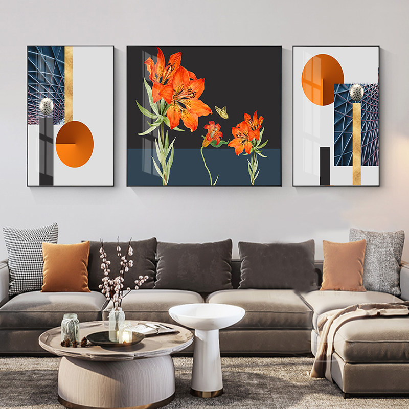 Light luxury living room decorative painting modern minimalist sofa background wall painting atmospheric crystal porcelain painting triptych mural wall painting