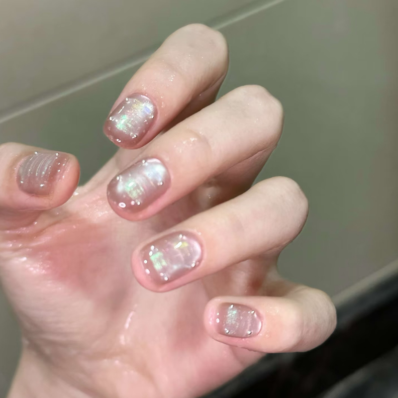 【Neon Pearl】Purely Handmade Short Nail Art with Cat's Eye Aurora Acetate Steel Beads, Ice Transparent, 2026 New Summer Style