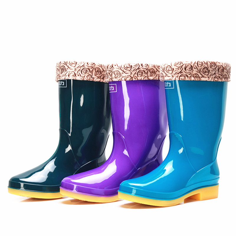 Rain Boots Rain Shoes Plus Suede Female Midbarrel Ink Green Rain Shoes Water Shoes Bull Gluten Bottom Half High Cylinder Rubber Boots Women's Water Boots Warm Shoes