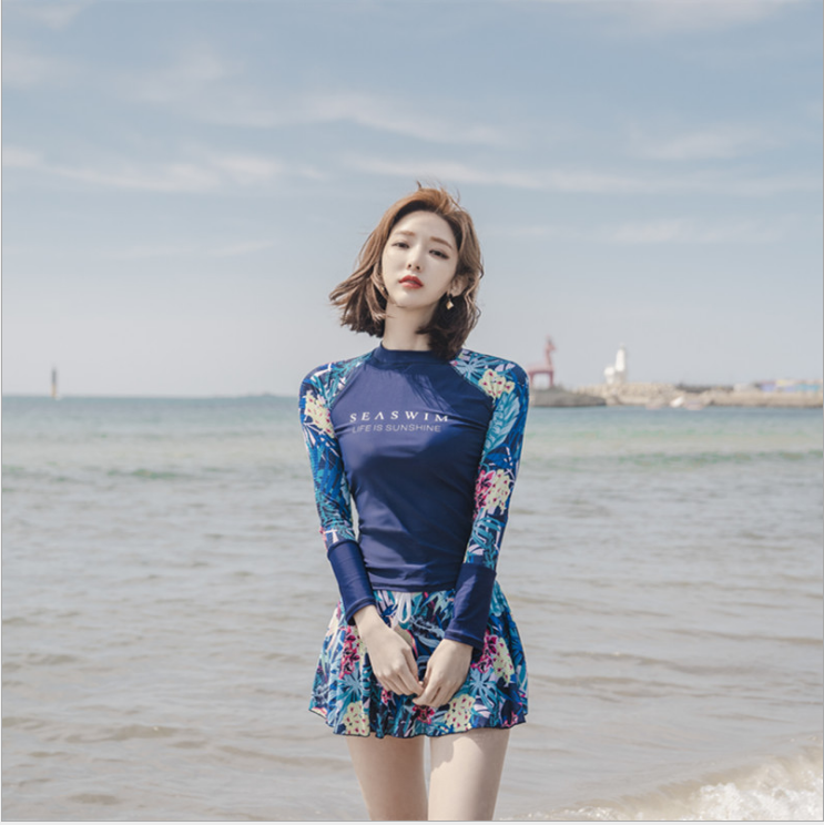 DK New sports swimsuit women's belly thin slim body split Korean long sleeve sunscreen hot spring conservative swimsuit