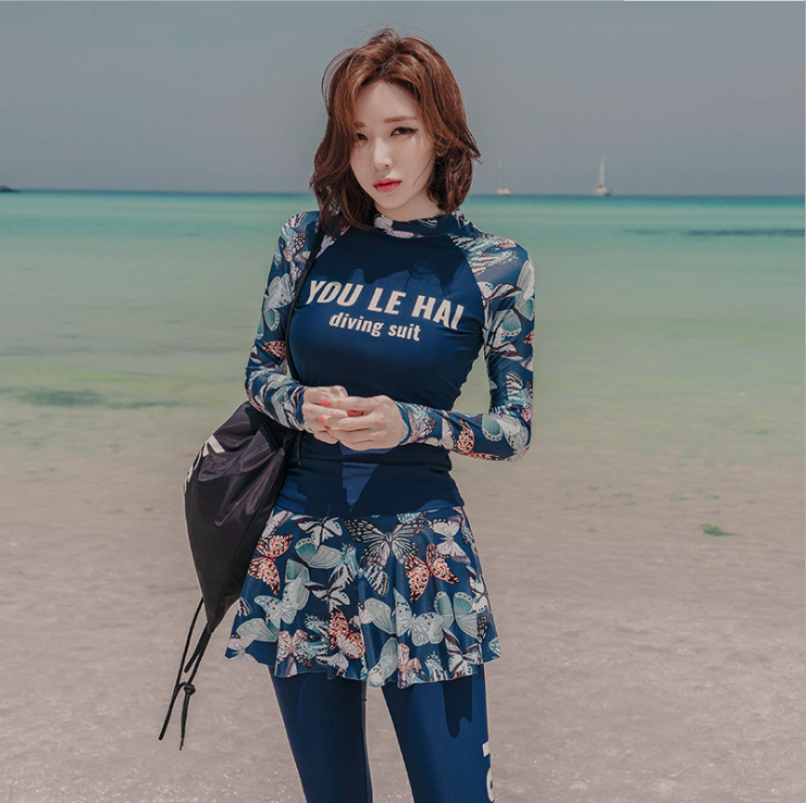DK New swimsuit women split long sleeve trousers sunscreen three-piece cover belly thin conservative hot spring swimsuit