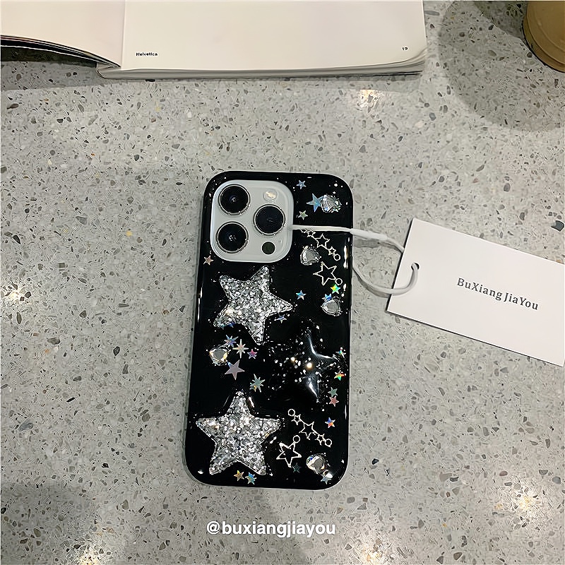 I Don'T Want to Add Fuel to the Fire. Original Korean ins Style Niche Non-Mainstream Summer Glitter Five-Pointed Star Suitable for Iphone17Air Apple15 Resin Phone Case 13Promax Full-Cover Soft Edge for Women 14