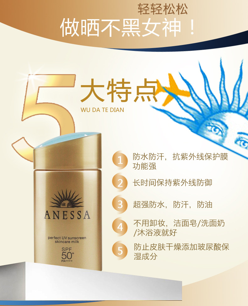 资生堂旗下 安热沙 ANESSA SPF50+ 水能户外小金瓶防晒乳 60ml 图4
