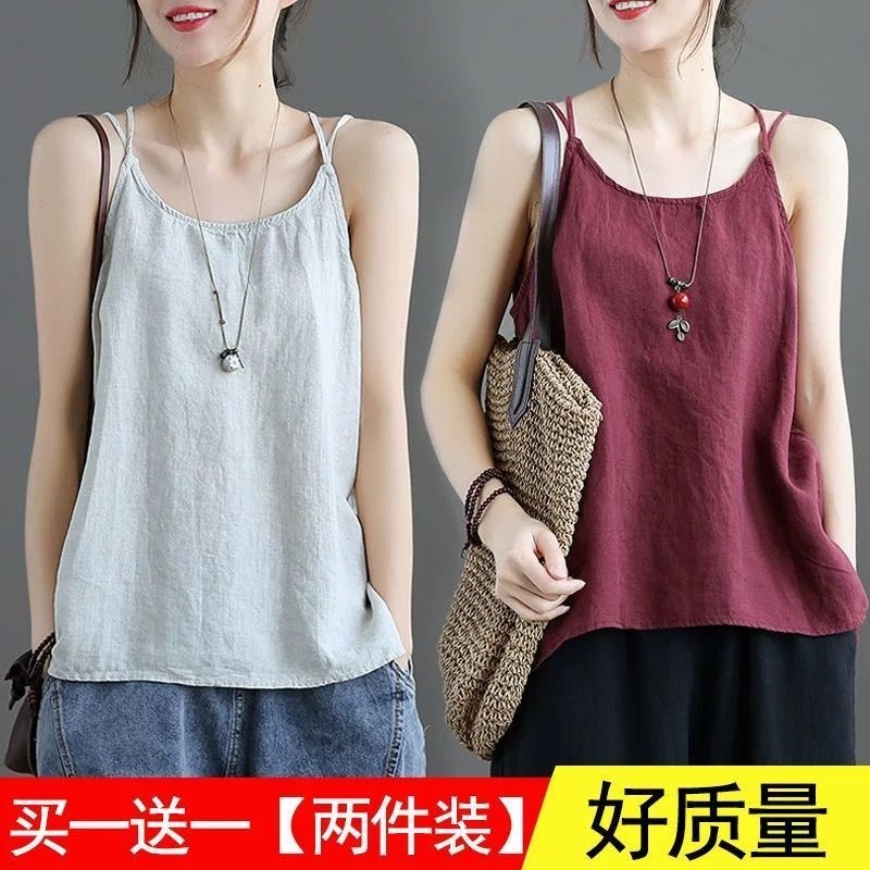 Single/Double Pack Cotton and Linen Tank Top T-Shirt for Women, 2026 Summer New Style, Large Size, Loose-Fitting Outerwear Base Shirt for Women