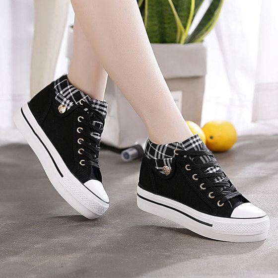 2024 spring new high-top canvas shoes, women's shoes, casual student plaid thick-soled inner heightening shoes