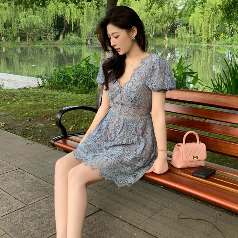 In Stock Selfsp Brand 2026 Spring/Summer Blue Lace Dress, Waist-Cinching, Slimming, Elegant Long Dress Sp