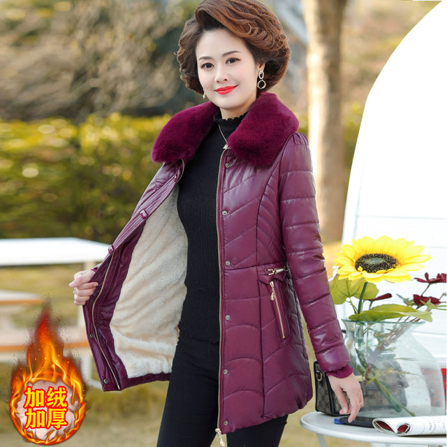 Middle-aged and elderly women's new PU leather winter coat thickened middle-aged mother's cotton-padded jacket mid-length down padded jacket