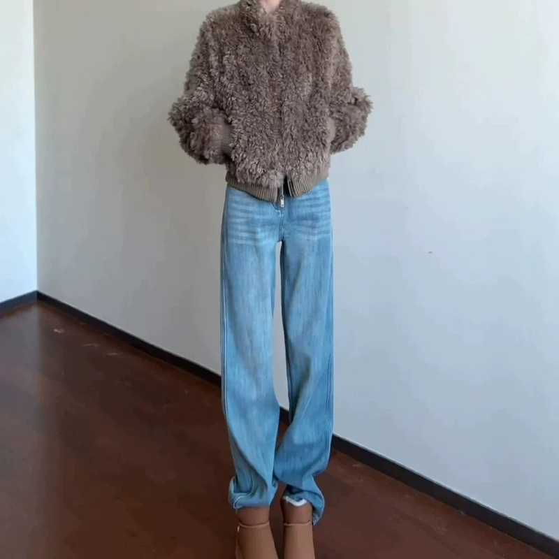 Light-Colored Narrow Wide-Leg Jeans for Women 2026 Autumn and Winter New Style Drapey Floor-Length High-Waisted Loose Straight-Leg Fleece-Lined Pants Light-Colored Narrow Wide-Leg Jeans for Women 2026 Autumn and Winter New Style Drapey Floor-Length High-Waisted Loose Straight-Leg Fleece-Lined Pants