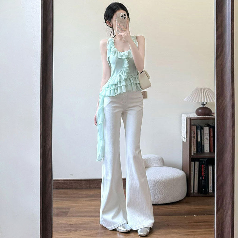 White Flared Jeans for Women, 2026 Spring/Summer New Style, Loose Wide-Leg, Non-Tight, Flared, Floor-Length, Slimming Pants