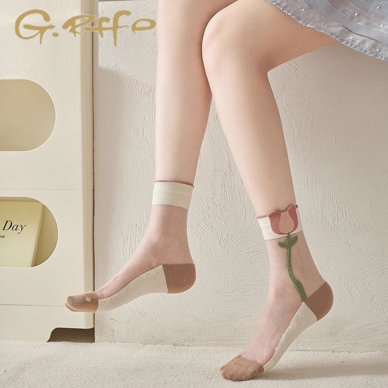 Jilafan Cotton-Soled Crystal Silk Socks for Women, Cotton Socks, Japanese Embroidered Invisible Socks, Combed Cotton Mid-Calf Socks, Non-Slip Short Socks