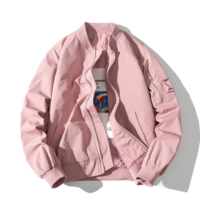 Autumn Jacket for Women, Solid Color, Casual, Versatile, Trendy Pink Bomber Jacket, Unisex Couple Baseball Jacket, Cotton Coat, Trendy