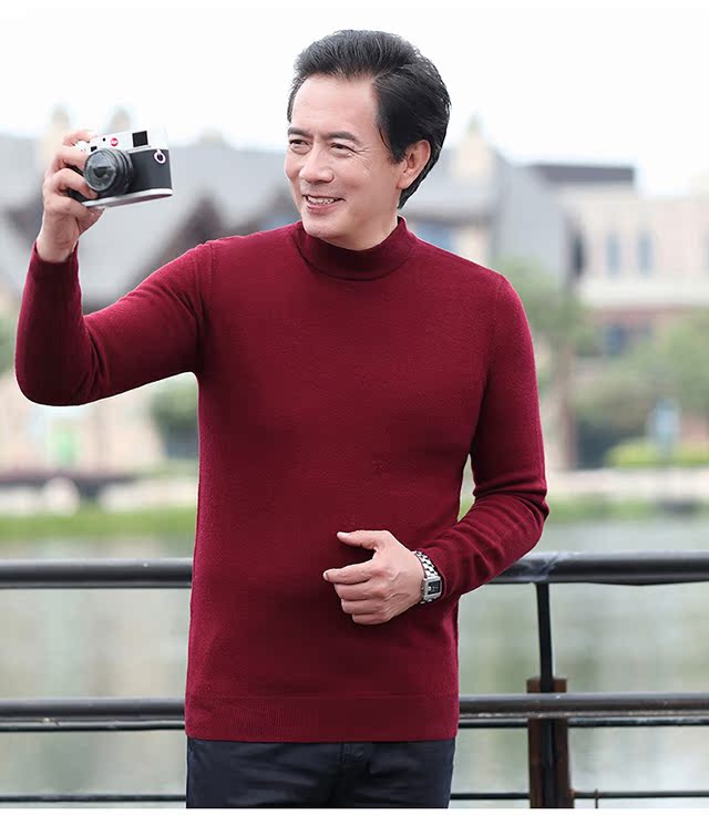 Áo len cashmere nửa cổ cao nam trung niên rắn màu áo len cashmere áo len nam dày mùa thu và mùa đông quần áo nam - Áo len Cashmere áo len cổ lọ nam