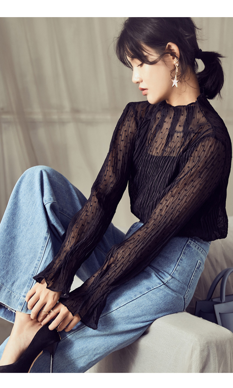 Áo lưới gạc 19 mùa xuân nấm mới xù một nửa cổ cao kèn tay áo voan ren đáy áo sơ mi nữ sơ mi trắng