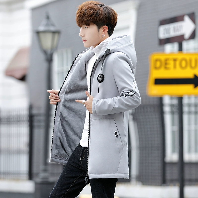 Áo dài mùa đông cộng với áo khoác nhung dày nam phiên bản Hàn Quốc của giới trẻ tự canh xu hướng mùa đông mặc áo khoác cotton nam áo gió - Bông