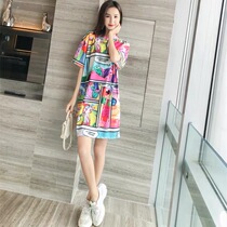 European station 2020 new spring summer T-shirt women short sleeve printing Tide brand long round neck fashion ins dress women