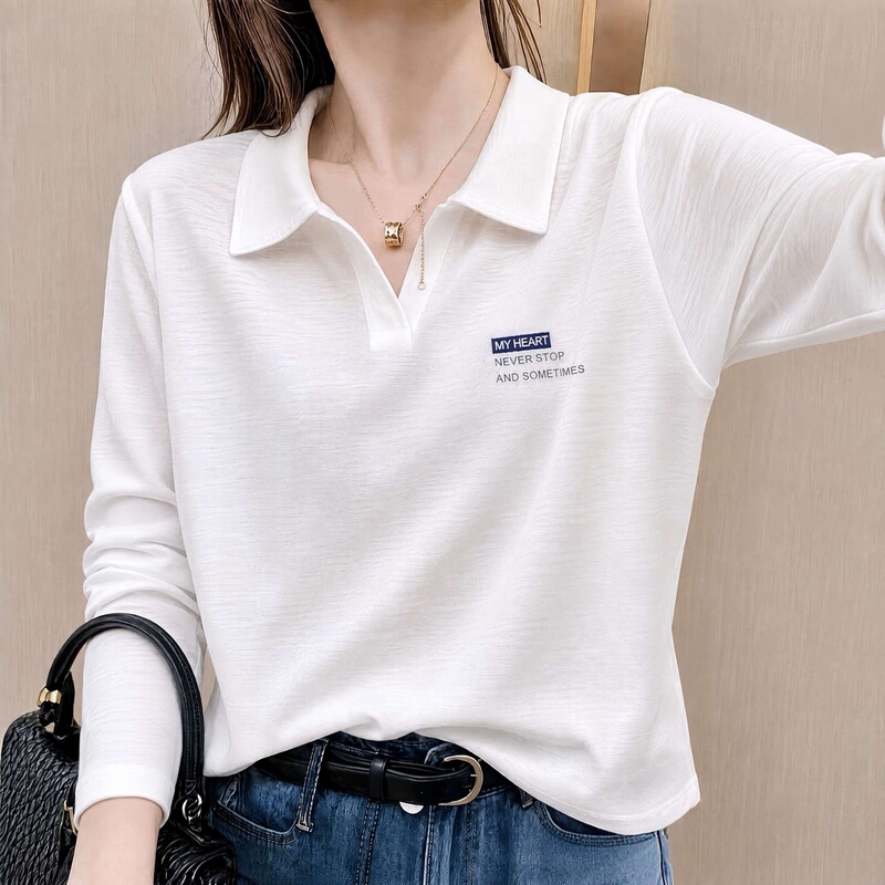 Early Autumn Bamboo Cotton White Polo Collar Long-Sleeve T-Shirt for Women 2026 New Loose Printed Inner Layer Top